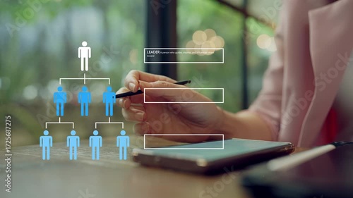 Business professional creating organization structure chart with team hierarchy and workflow planning, representing human resource management, corporate structure and leadership strategy for infograph