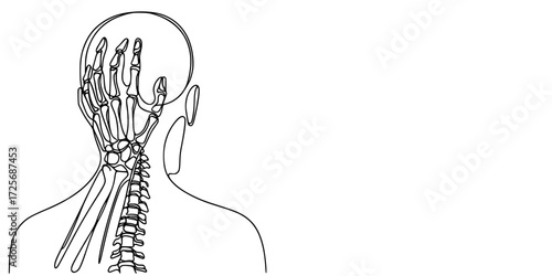 Reflex Frame: Posterior Anatomy with Skeletal Gesture, A minimalist line drawing of the human upper skeleton viewed from the back, featuring the spine, skull, and a skeletal hand resting on the head
