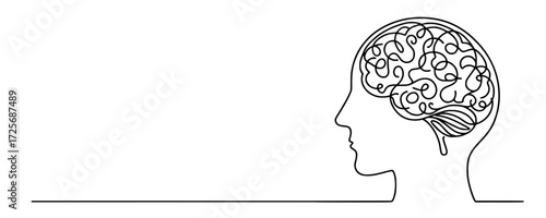 Abstract Brain in Profile, A minimalist line drawing of a human head in profile, featuring a swirling, interconnected brain design