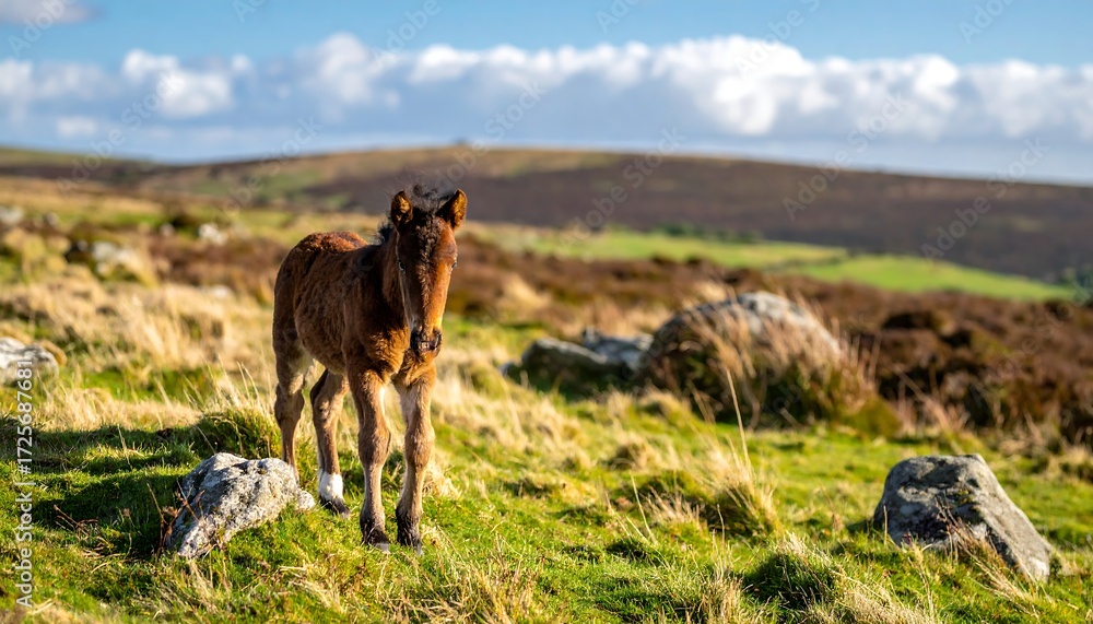 Fototapeta premium A juvenile equine stands in a field, gazing directly at the viewer. The creature is set against a backdrop of hilly terrain and a partly cloudy sky