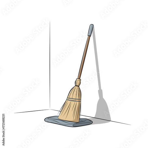 Straw broom and dustpan leaning against a corner wall