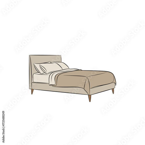 Minimalist comfortable upholstered bed with pillows and blanket
