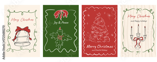 Hand drawn Christmas doodles. Vector cards with bows and candles. Minimalist winter line art. Trendy Coquette posters. Whimsical tree with satin bows. Great for invites, stationery, social media