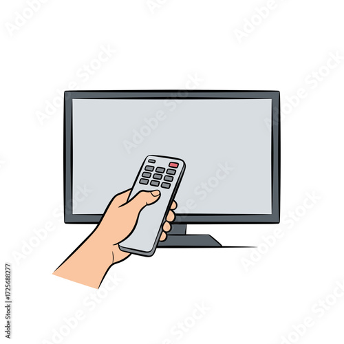 Hand holding a remote control pointing at a blank screen modern television