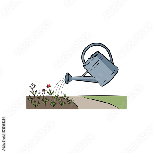 Handheld watering can watering a flowerbed with green plants