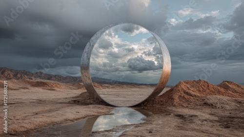Floating mirror in the desert reflecting a rainy sky, breaking laws of nature