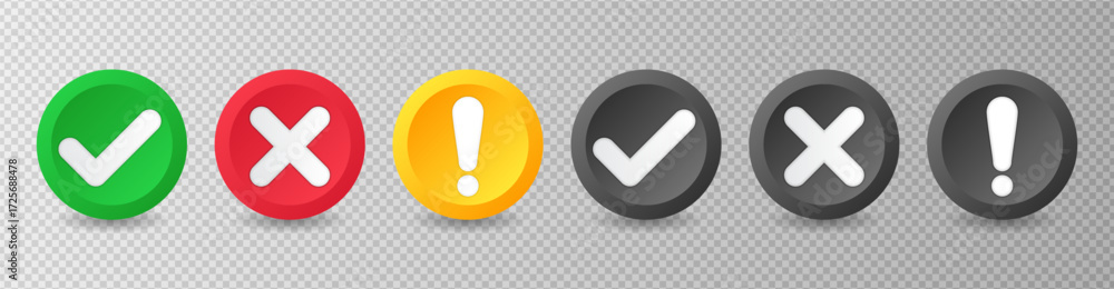 Obraz premium Check mark icons. Checkmark and cross mark buttons. Tick sign, exclamation mark and cross icon. Yes and No symbols. Vector illustration for ui, infographic, website, app, web use