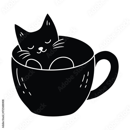 Adorable cartoon cat peeking out of a coffee cup