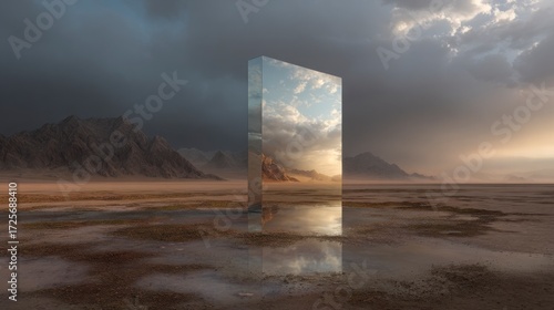 Floating mirror in the desert reflecting a rainy sky, breaking laws of nature