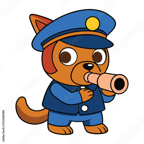 Dog in police uniform blowing whistle