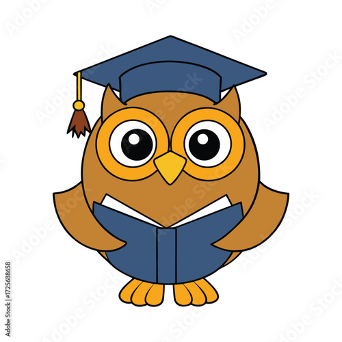 Wise owl in graduation cap holding a book educational banner design