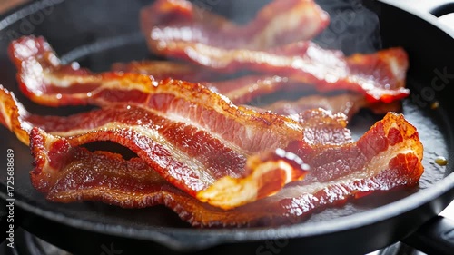 Crispy bacon sizzling in skillet during breakfast preparation at home kitchen