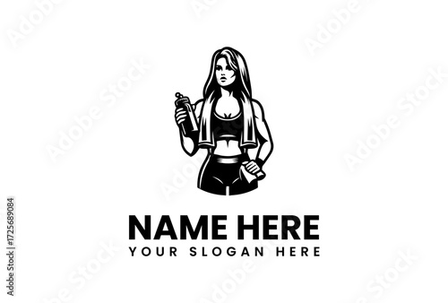 Muscular Woman in Gym Attire Holding Water Bottle and Towel Illustration.