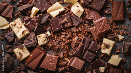 Different types of chocolate pieces arranged on a dark table for cooking and baking activities in a cozy kitchen setting