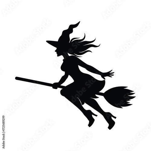 Silhouette of a witch flying on a broomstick against a dark background