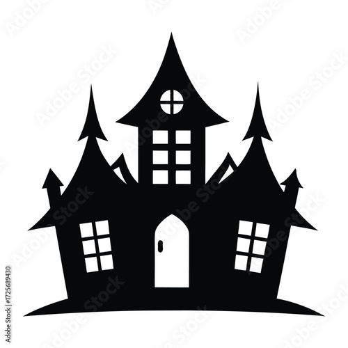 Spooky haunted house silhouette with pointed roof and dark atmosphere