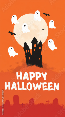 Creepy haunted house with friendly ghosts and a large moon celebrating Halloween night