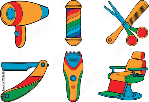 Barber Shop Set Colorful Hairdressing Tools Vector Collection