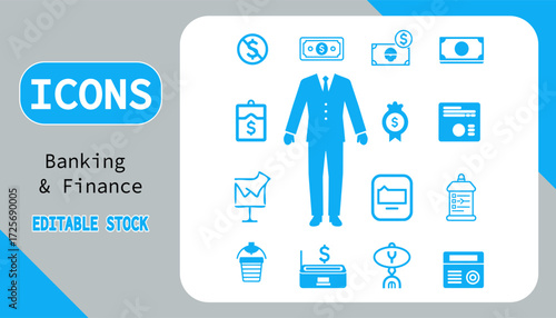 This image features a set of banking and finance icons, perfect for illustrating financial concepts. The icons are clean, modern, and easily editable for various uses.