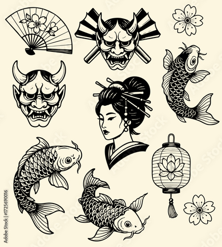 Collection of traditional Japanese tattoo designs in black line art style. Includes koi fish, geisha portrait, hannya mask, cherry blossoms, lotus lantern, and decorative fan