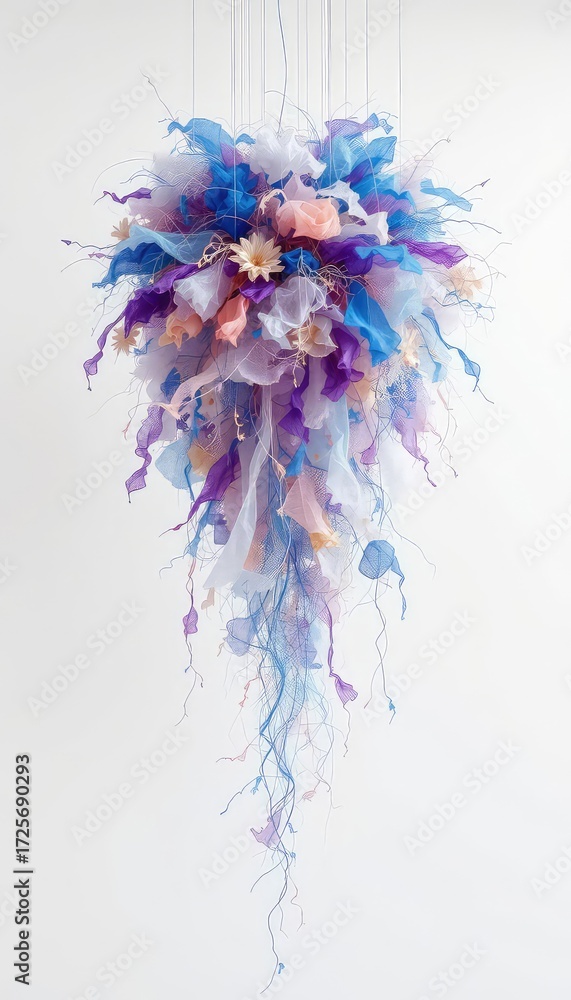 Obraz premium Hanging mobile of flowing colors and delicate flowers with thin branch-like structures on an clean, off-white background