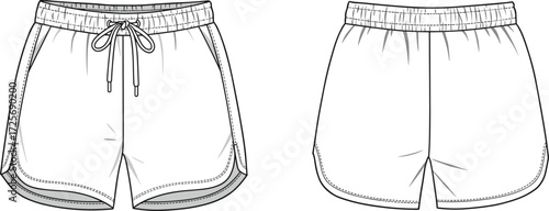 Vector illustration of unisex sports shorts with drawstring waist, side pockets, elastic waistband, front and back technical fashion flat