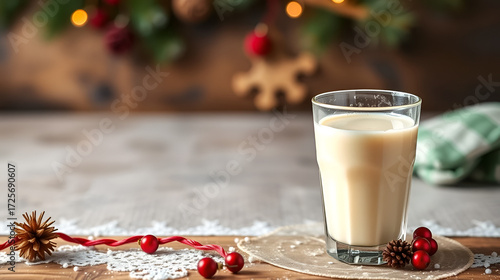 Homemade traditional Christmas eggnog drink in a glass - panoramic banner