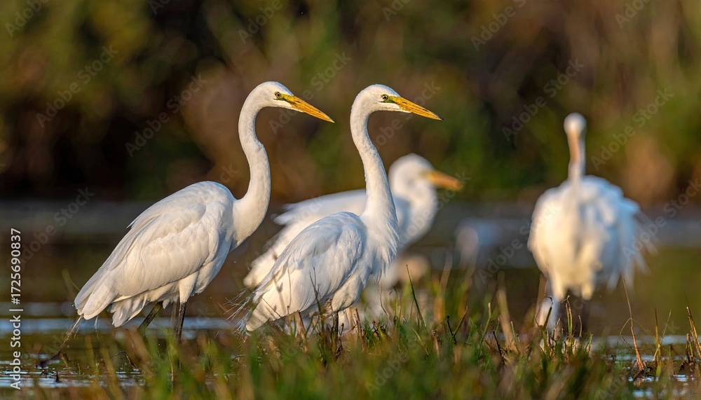 Fototapeta premium Egrets wading in shallows, golden light