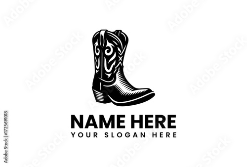 Ornate Cowboy Boot Logo Design in Black and White.