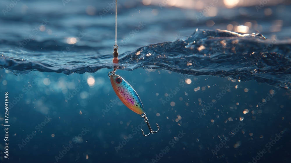 Fototapeta premium Lure in the depths: Captivating the vibrant underwater world with an alluring fishing lure suspended delicately, hinting at the anticipation and challenge of the next catch.