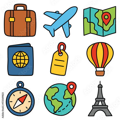 Hand-drawn cartoon travel and tourism icon set isolated on white background. Baggage, airplane, map, passport, price tag, hot air balloon, compass, world, showplace. Vector illustration.