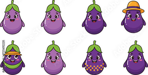 Cute kawaii eggplant characters, happy cartoon aubergine faces, adorable vegetable mascots, smiling purple eggplant illustrations, funny veggie clipart for kids design
