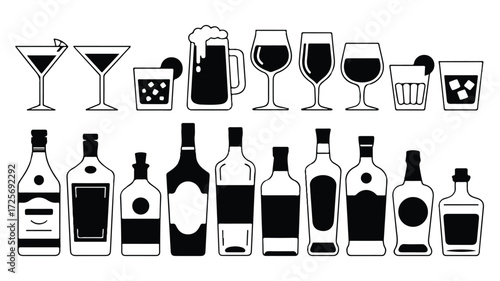 A black and white illustration of a collection of alcohol bottles and drinking glasses arranged in two rows 