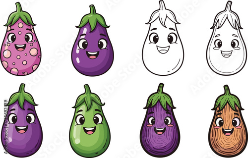 Colorful kawaii eggplant characters, cute aubergine cartoon faces, happy vegetable mascots, purple green white eggplant clipart, funny food illustration design