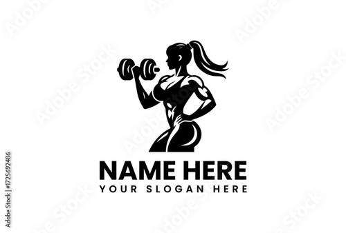 Powerful Female Fitness Logo with Dumbbell.