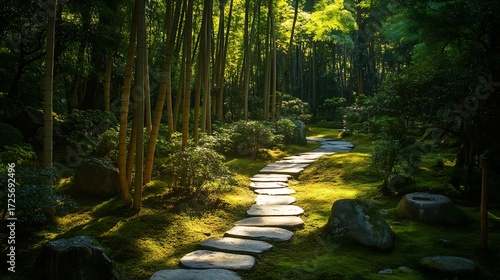 Stone path winding through a lush green forest garden