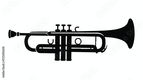 A black and white silhouette illustration of a trumpet against a white background 