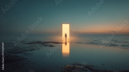 Man walking toward a glowing door hovering above the sea, gateway to dreamworld