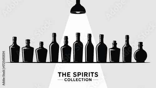 A black and white silhouette illustration of various liquor bottles arranged in three rows against a white background 