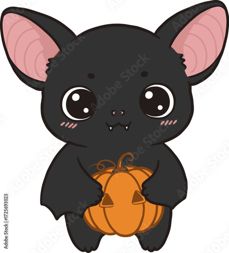 Cute kawaii cartoon bat holding a jack-o'-lantern pumpkin. Adorable and friendly animal character for Halloween celebration, isolated on white background
