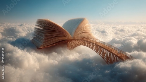 Open book turning into a bridge over sky, connecting thoughts and dreams