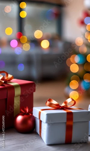 Holiday gift presents beautifully wrapped under a decorated Christmas tree in a cozy living room setting