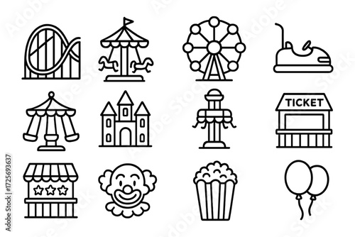 Amusement park icons set featuring rides, clown, and treats in linear style
