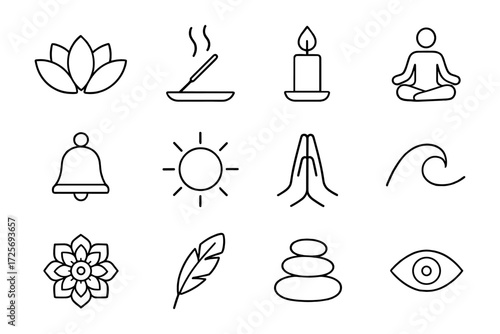 Minimalist outline icons: meditation, relaxation, and mindfulness elements
