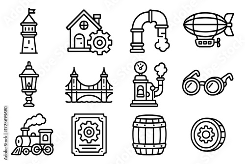 Steampunk icons: industrial elements with retro designs in black line art style