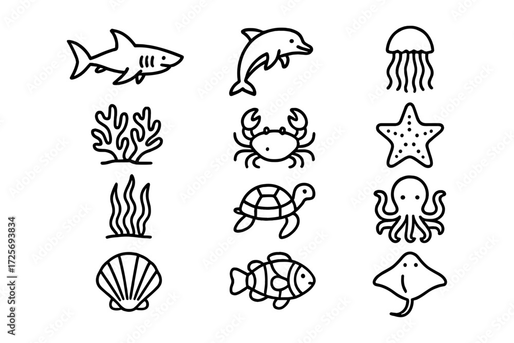 Fototapeta premium Simple line art sea creatures collection featuring fish, turtle, and coral