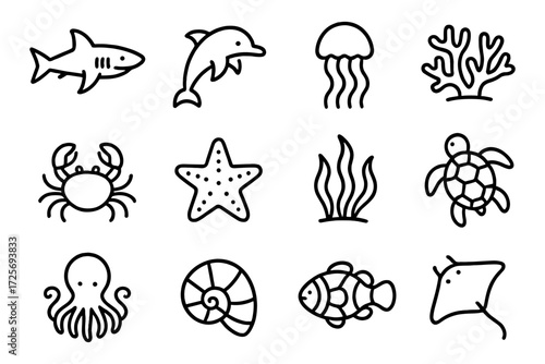 Ocean creatures outline set: marine life icons