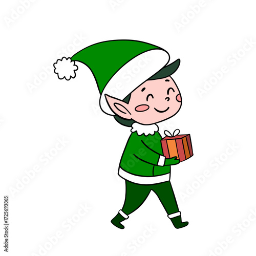 Cute Christmas elf in festive outfit with holiday decorations. Cheerful and cozy New Year character full of holiday spirit