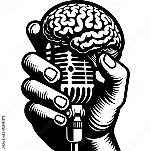 Creative Thoughts: An illustration of a hand grasping a vintage microphone, with a human brain resting above. The graphic suggests creative and insightful thoughts.