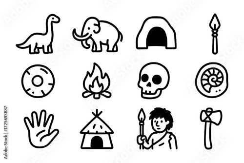 Primitive culture icons: mammoth, spear, fire, and more in bold outline style